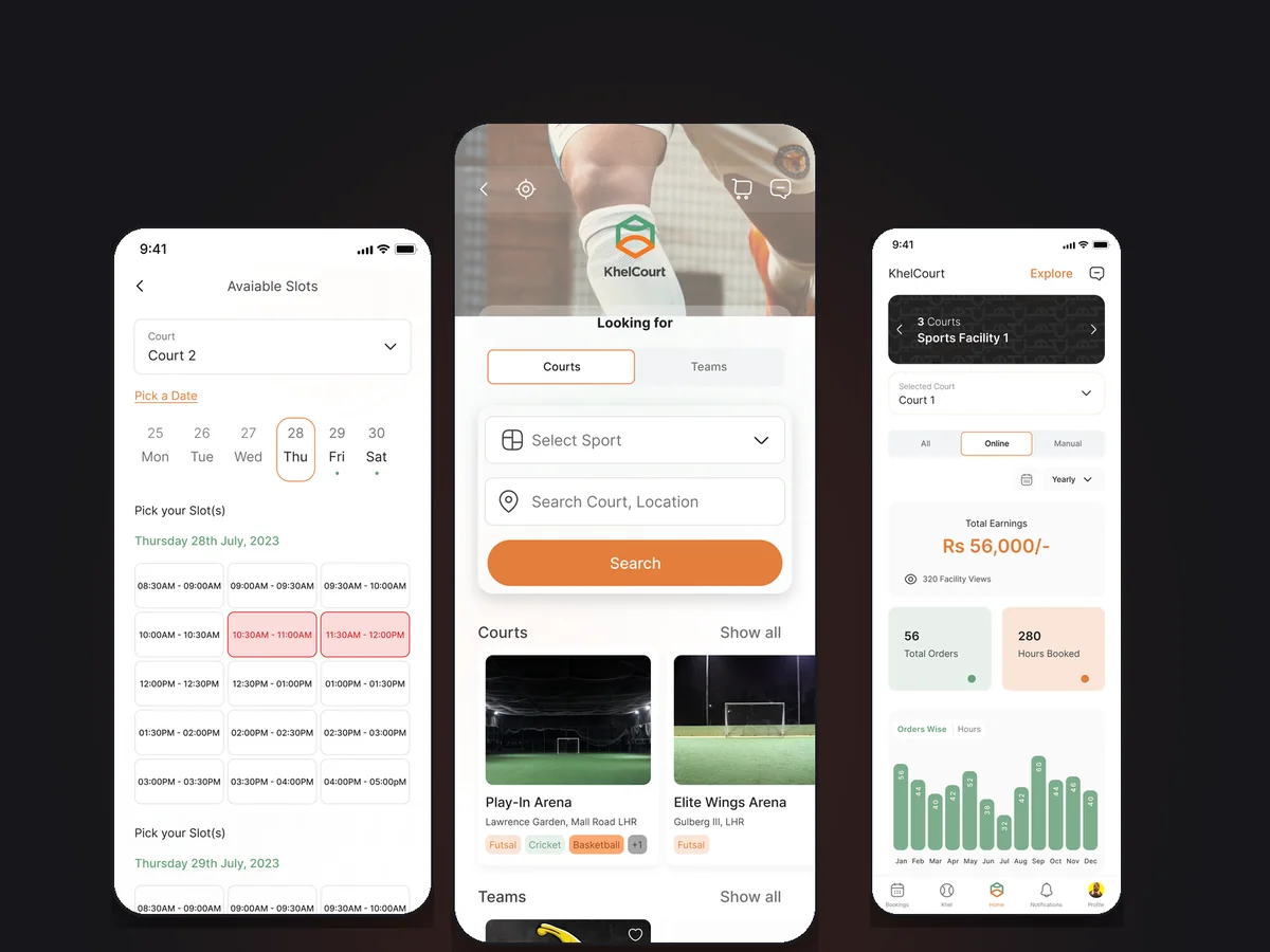 Three KhelCourt app screens: picking a time slot, searching courts by sport and location, and a court manager's earnings dashboard.