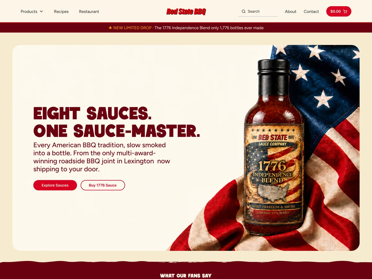 The Red State BBQ storefront homepage: an "Eight Sauces. One Sauce-Master." hero beside the 1776 Independence Blend bottle on an American flag.