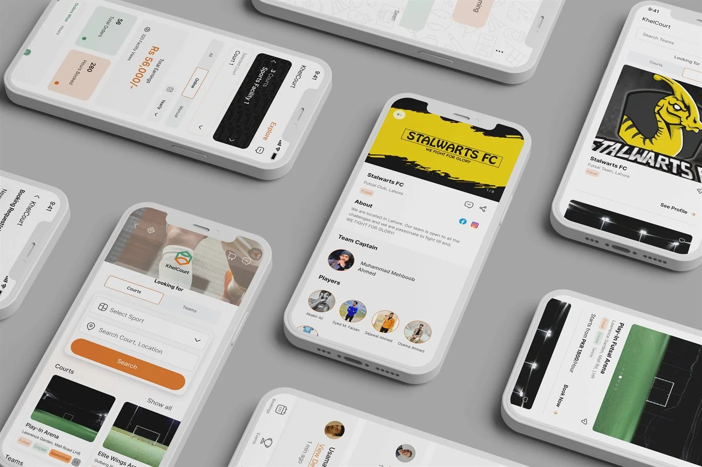 KhelCourt sports-booking app screens on phones