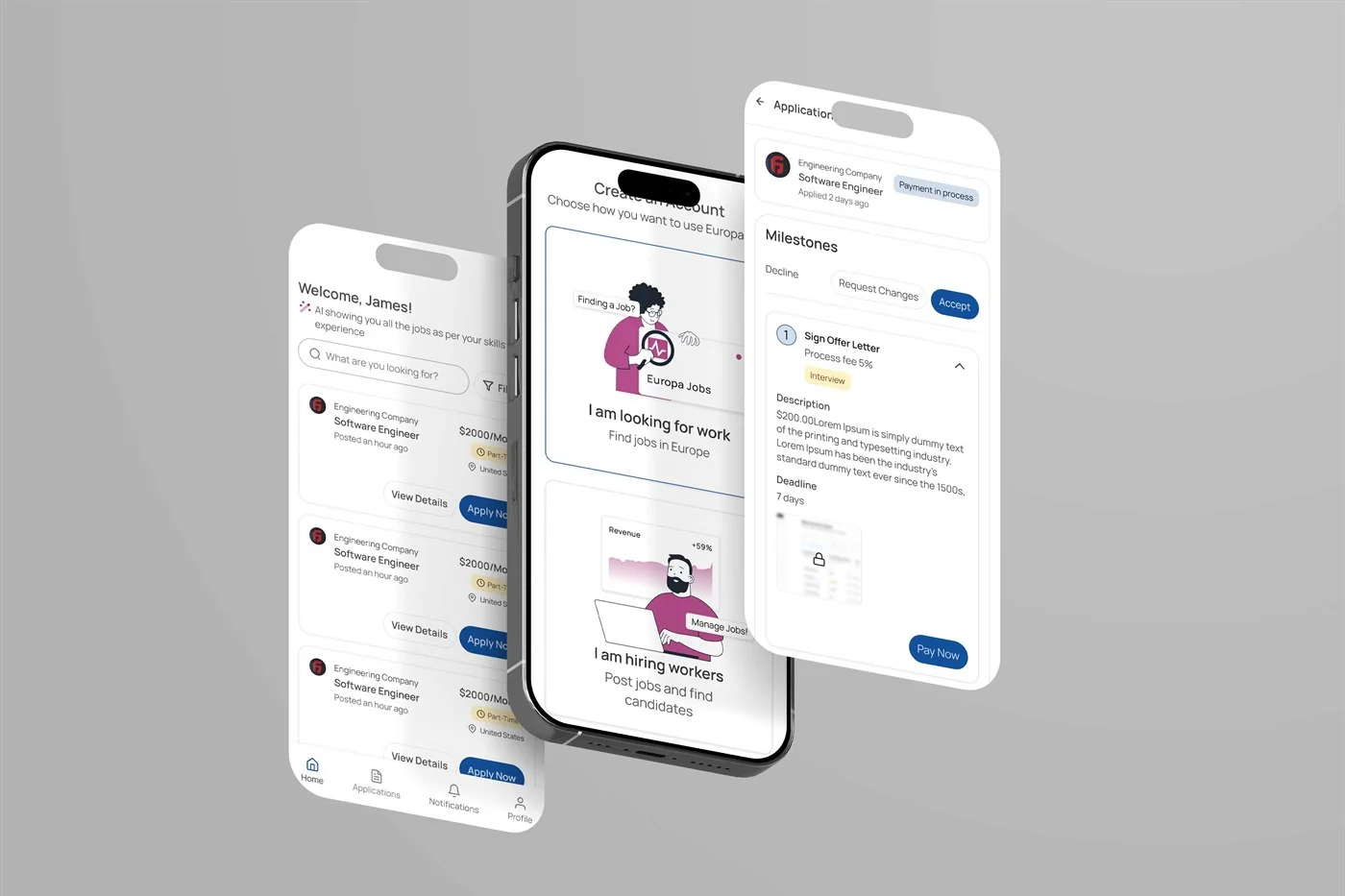 Job marketplace app: search, sign-up and milestone payment screens