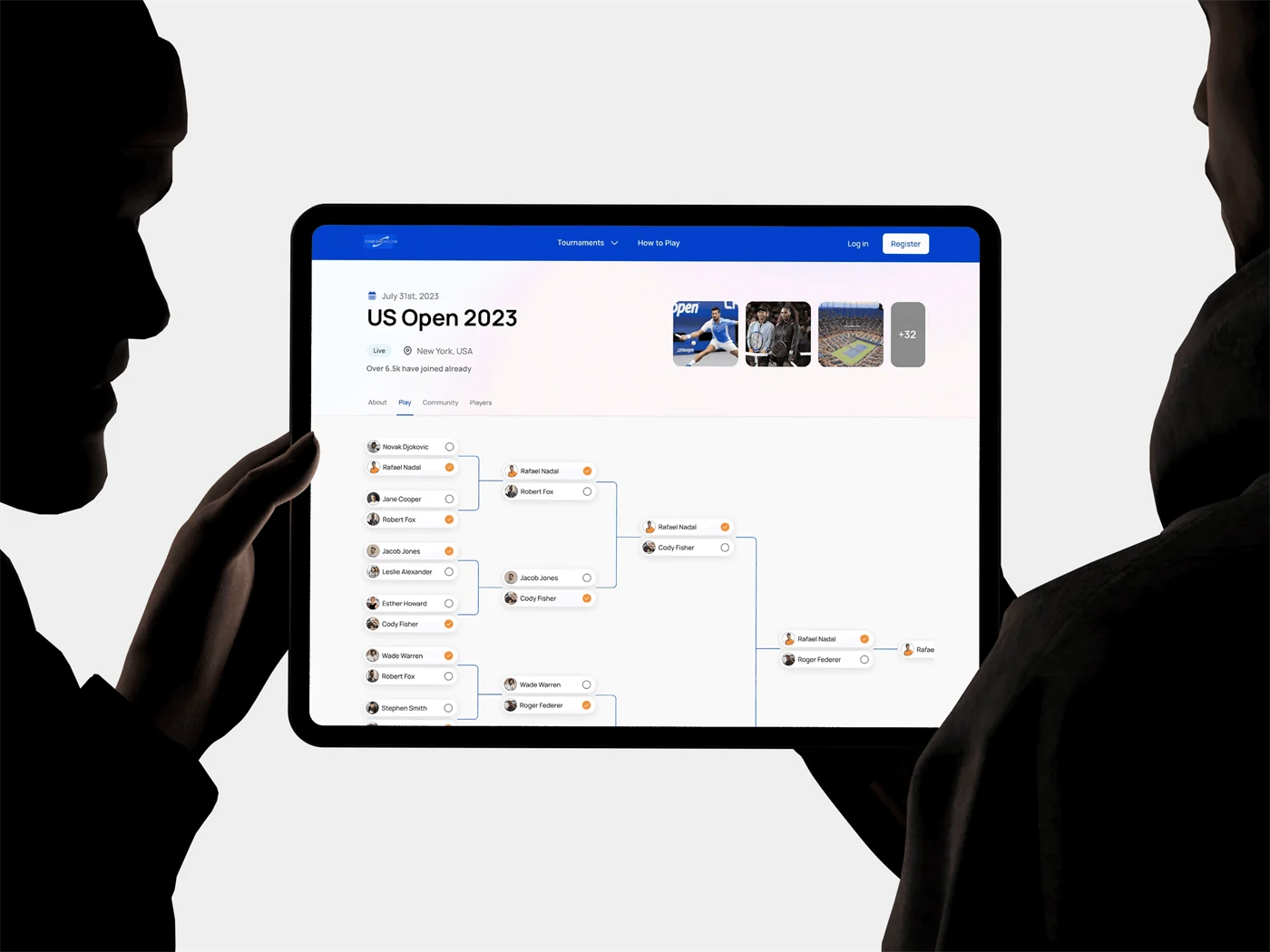 Tennis Bracket tournament app shown on a tablet