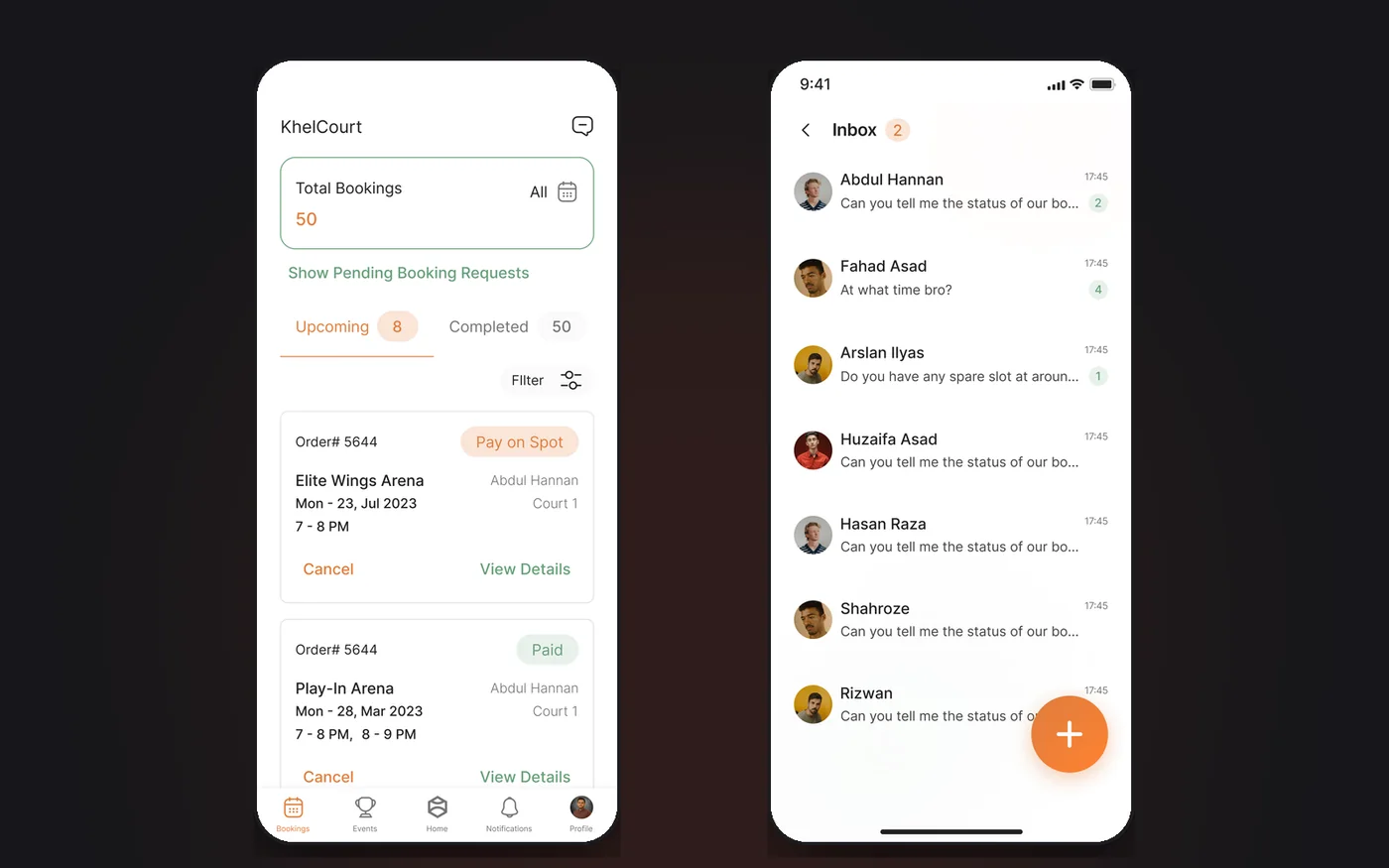 A player's bookings list showing pay-on-spot and paid states, beside the in-app inbox.