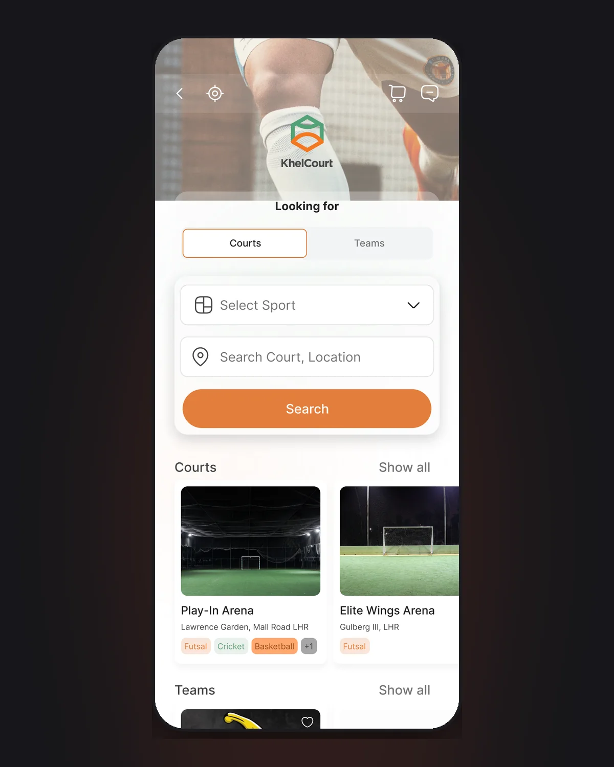 KhelCourt discovery screen: sport and location filters above a list of nearby arenas with their sports tagged.