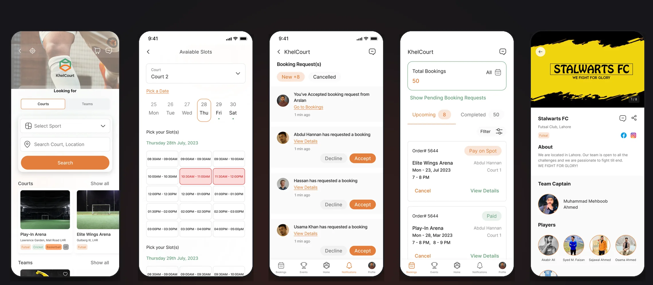 The booking lifecycle across five screens: discover an arena, pick a slot, the manager reviews the request, the booking is confirmed, and the team plays.