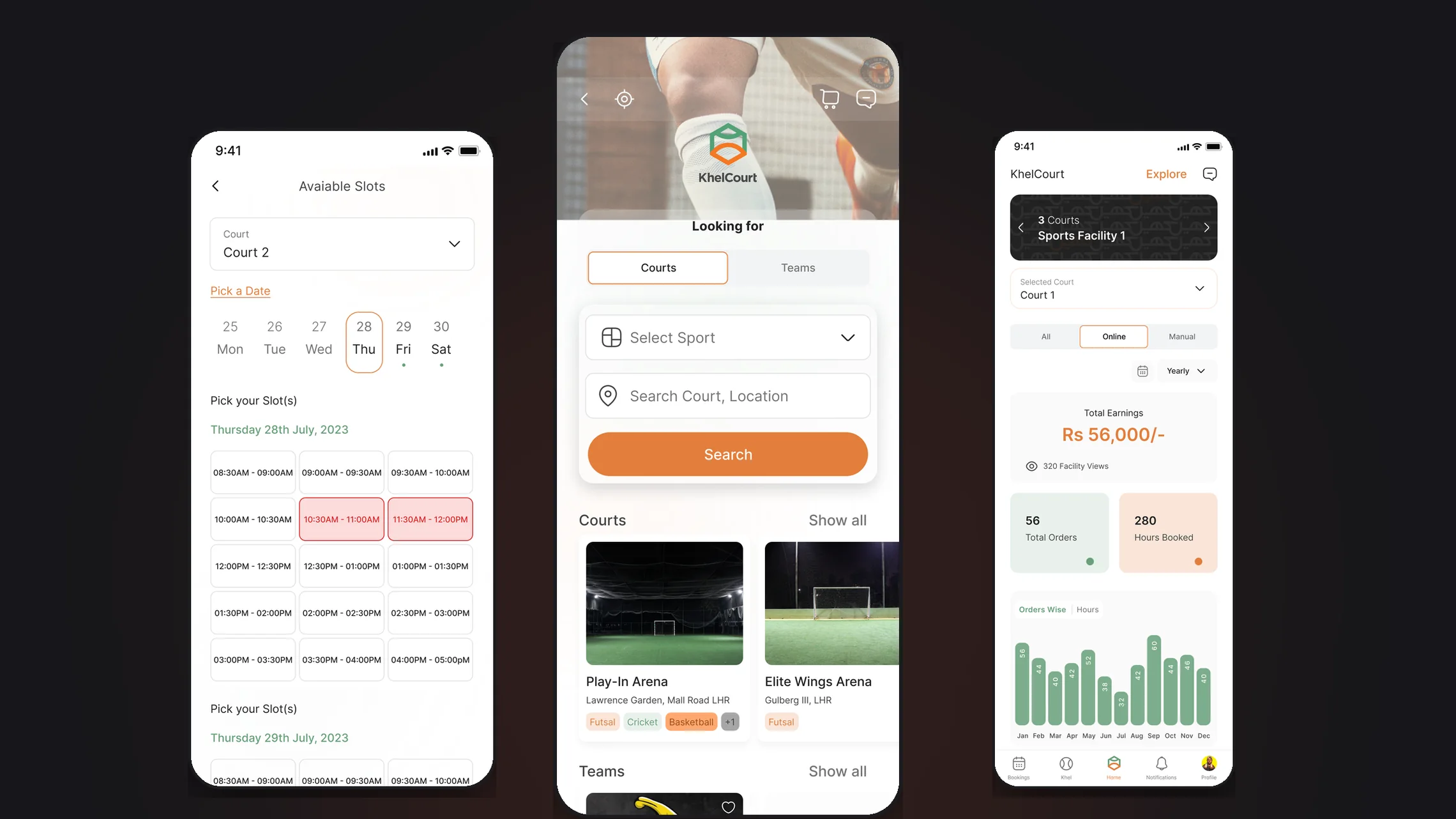 Three KhelCourt screens: the court discovery feed, the slot picker, and the court manager earnings dashboard.