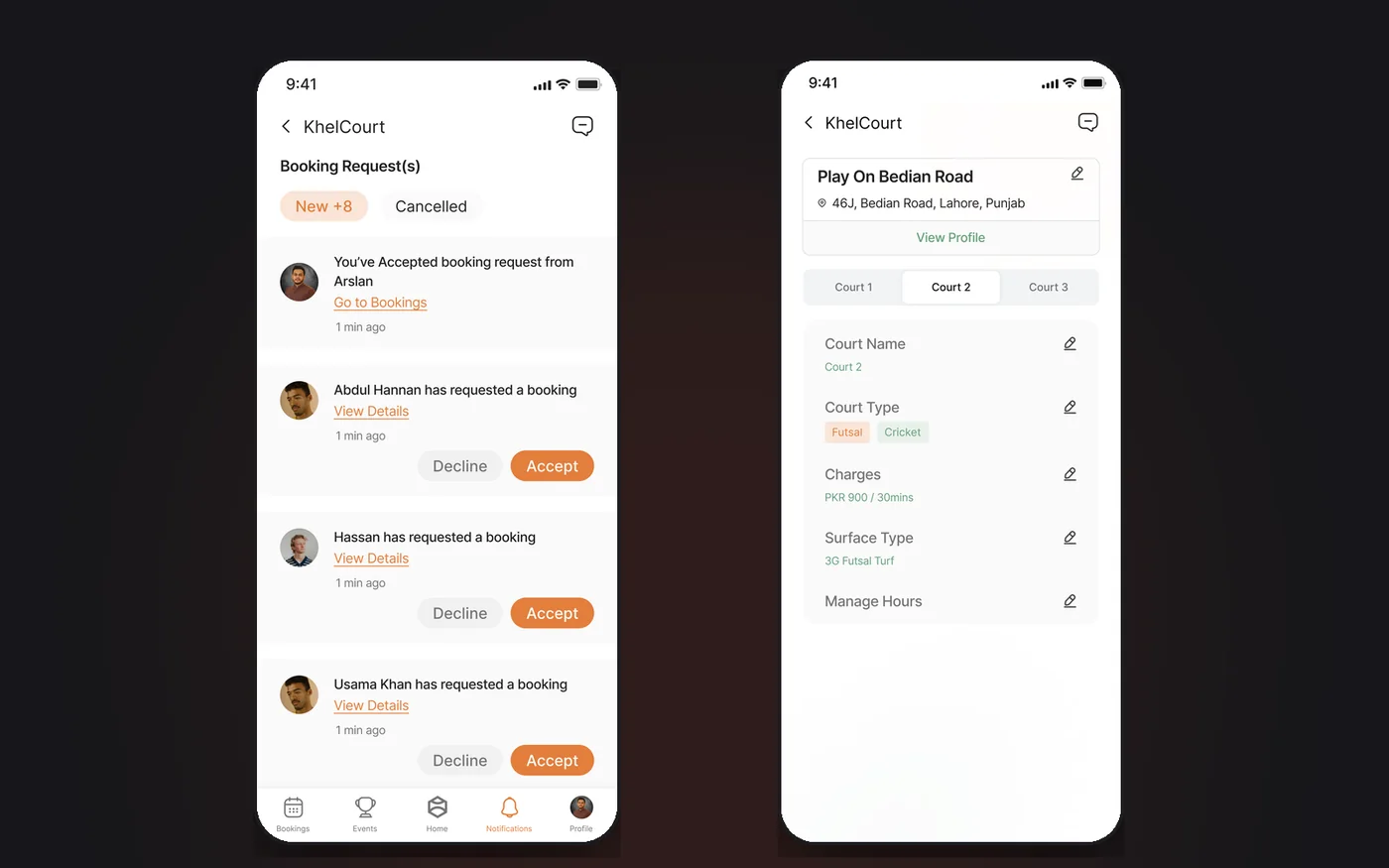 Incoming booking requests with accept and decline actions, beside the facility management screen.