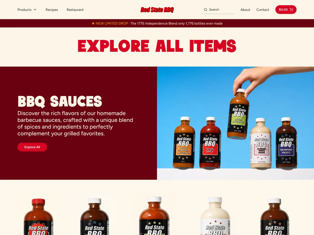 The rebuilt BBQ Sauces listing, introduced by a hero band and the full bottle lineup.