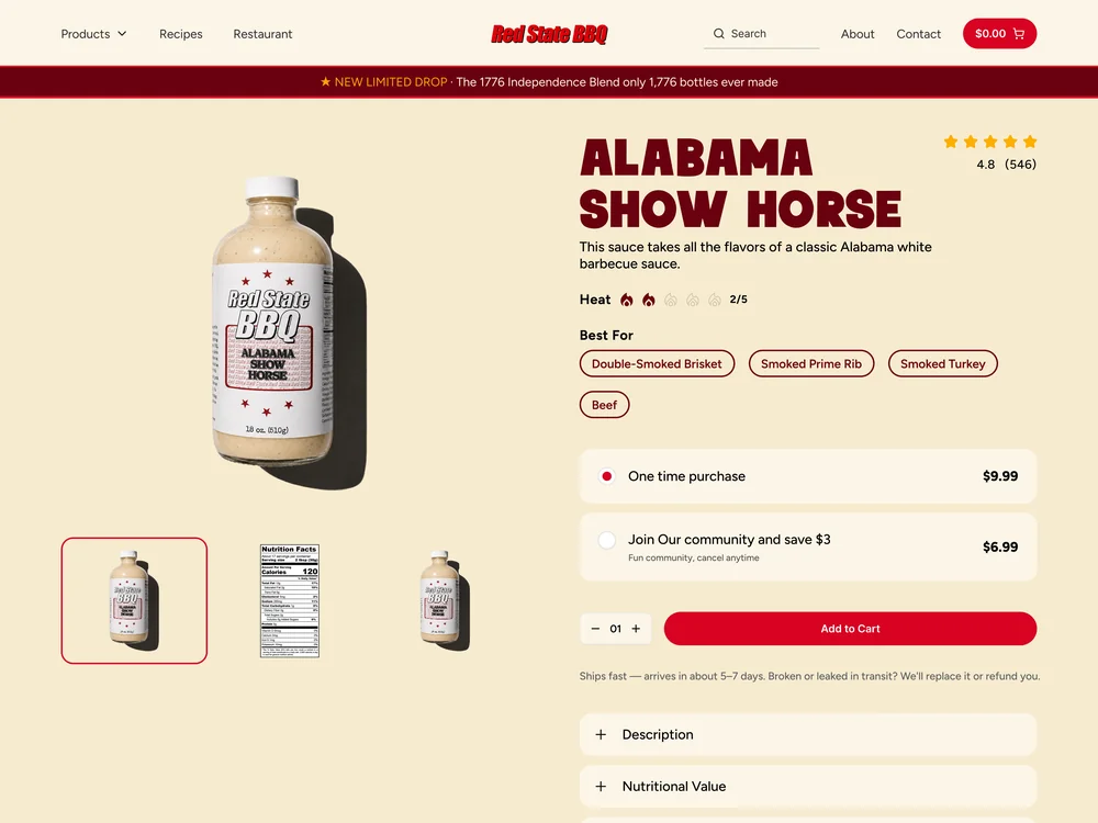 The rebuilt Alabama Show Horse page with a 4.8 star rating, a heat scale and Best For pairing tags.