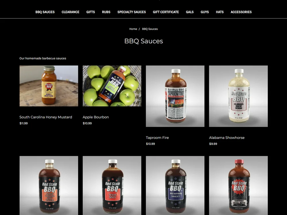 The old BBQ Sauces listing: a flat grid of bottle photos on black with names and prices only.
