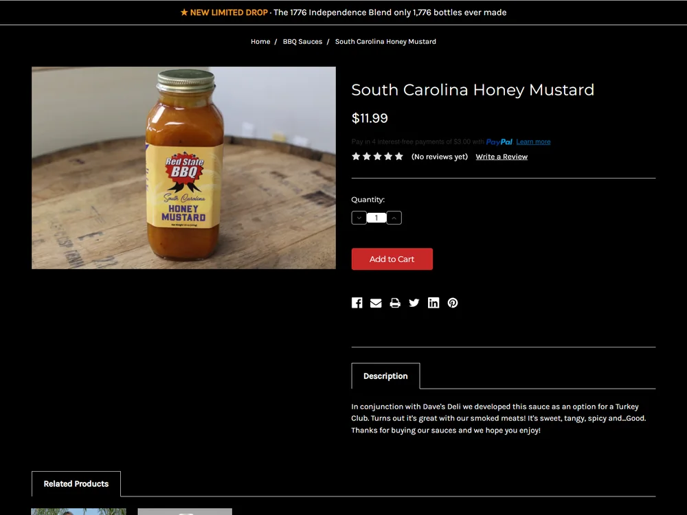 The old product page for South Carolina Honey Mustard: one photo, a price, and no reviews yet.