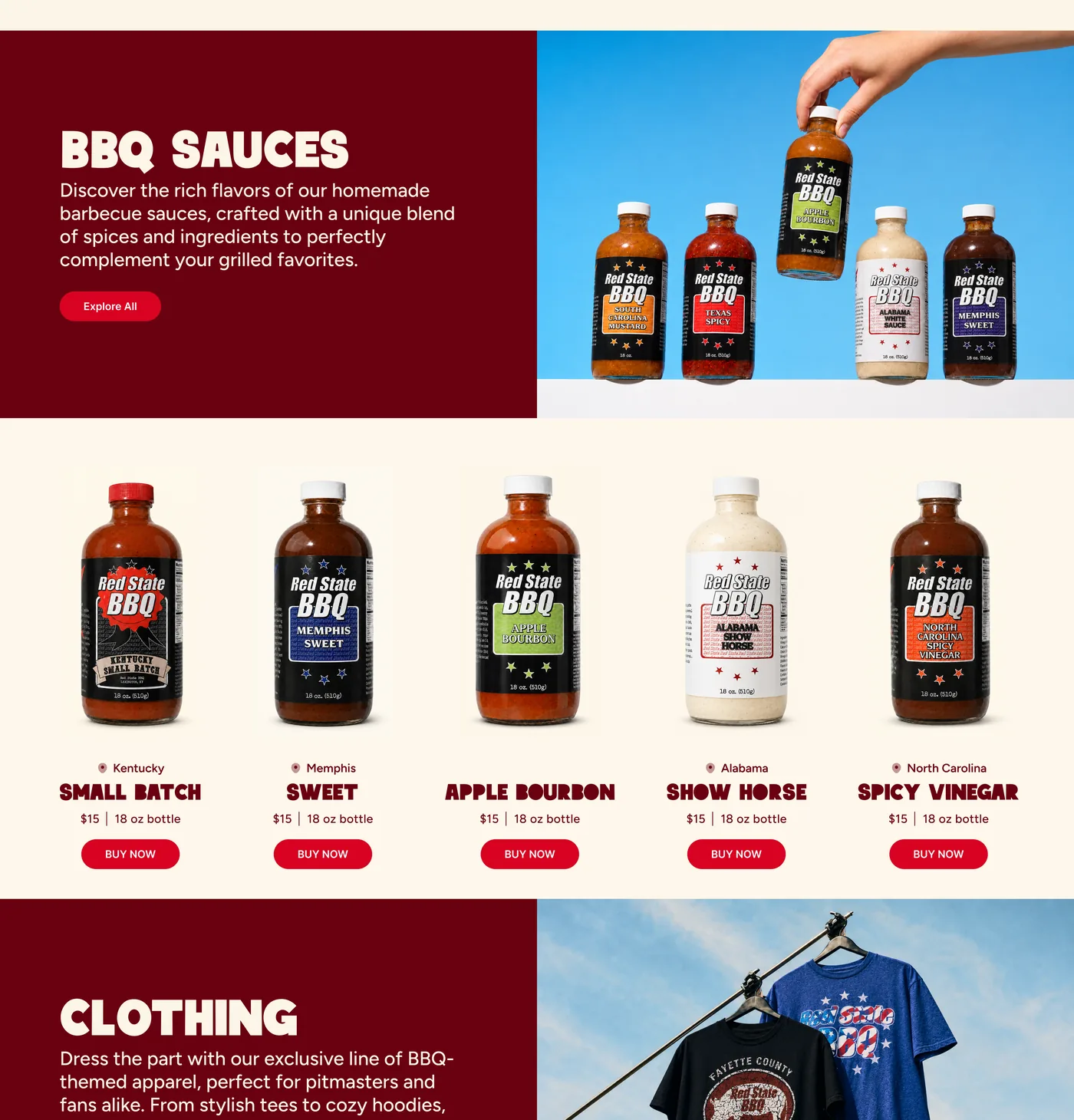 The redesigned category page merchandising sauces by region, each card tagged Kentucky, Memphis, Alabama or North Carolina.