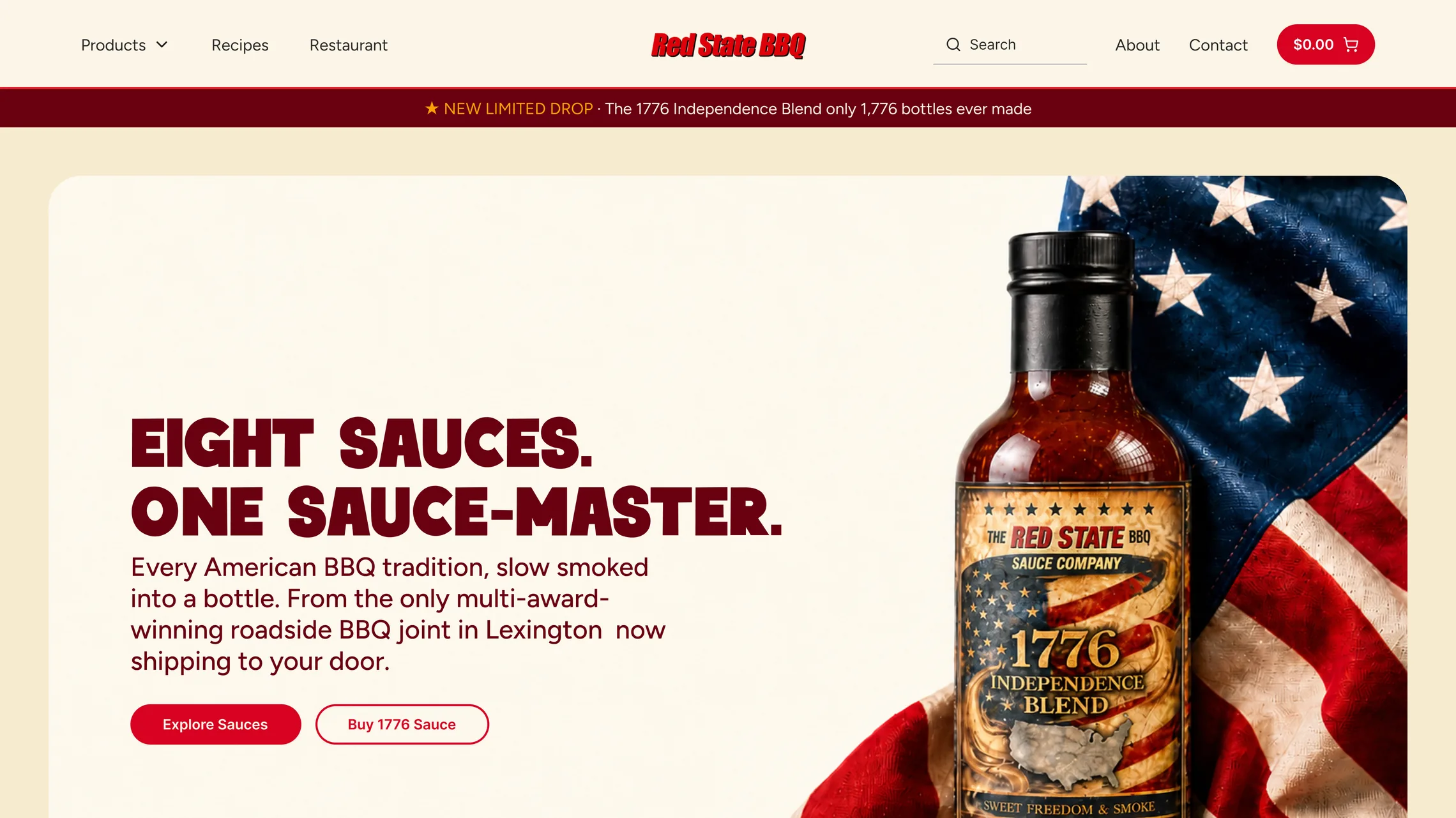 Red State BBQ redesigned storefront: the Eight Sauces, One Sauce-Master hero with the 1776 Independence Blend bottle on an American flag.