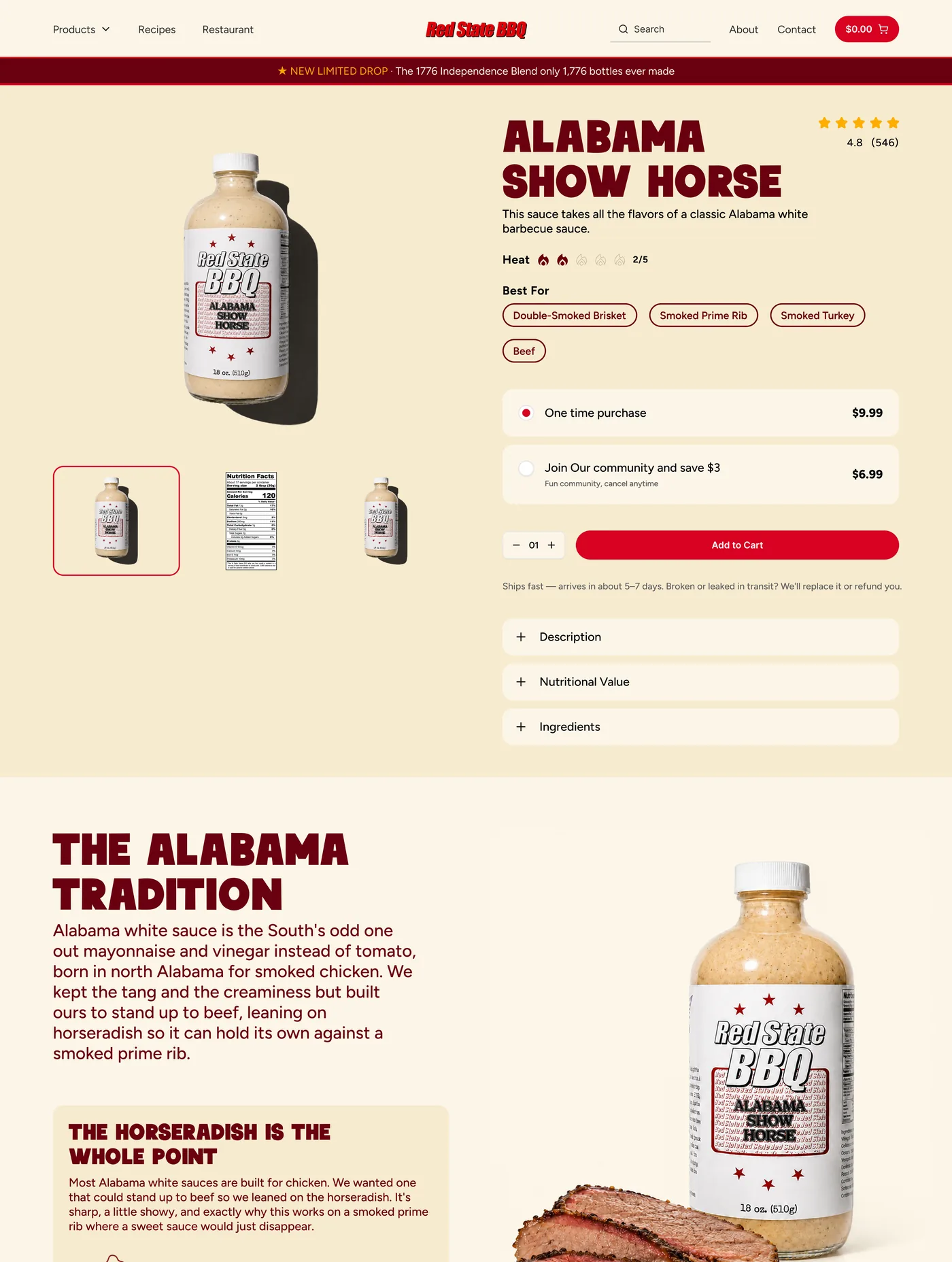 The Alabama Show Horse product page: bottle gallery, heat scale, Best For tags, pricing options, and the Alabama Tradition story section.